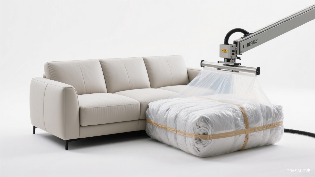 Vacuum compression packaging process showing how sofas are compressed for shipping